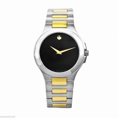 NEW-MOVADO MUSEUM 2,TWO TONE SILVER+GOLD+BLACK DIAL SWISS MADE WATCH 0606181+BOX