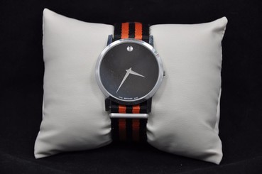 Genuine Movado Swiss Men's Watch Stainless Steel Case Orange and Black Fabric