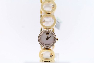  Ladies Movado 0605822 ONO Diamond Bezel Mother of Pearl Dial Gold-tone Watch