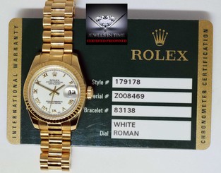 Rolex Ladies Datejust President 18k Gold White Roman Dial 179178 Box/Papers