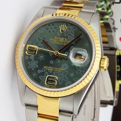 Rolex Datejust Gold & Steel Green Floral Dial 16233 Oyster - WATCH CHEST