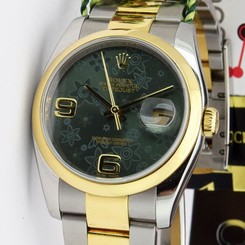 Rolex Datejust Gold & Steel Green Floral Dial 116203 Rehaut Oyster - WATCH CHEST
