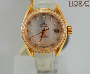 Omega Ladies Aqua Terra co-axial 30MM diamonds red gold mother of pearl leather