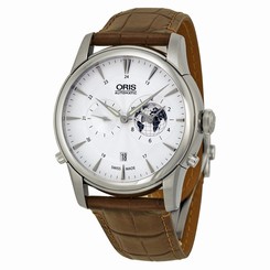 Oris Artelier GMT Automatic Silver White Dial Brown Leather Mens Watch