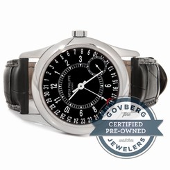 Patek Philippe Calatrava 18kt White Gold Black Dial Strap Mens Watch 6000G-001