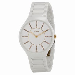 NWT Unisex Rado True Thinline R27957702 White Ceramic Rose Gold Diamond Watch