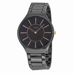 NWT Ladies Rado True Thinline R27741702 Black Ceramic Diamond Dial Watch