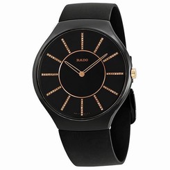 NWT Men's Rado True Thinline R27741709 Diamond Black Dial Ceramic Rubber Watch