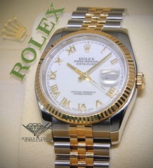 Rolex Datejust 18k Yellow Gold/Steel Roman White Dial Mens Watch 116233