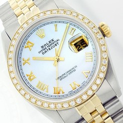 Rolex Mans Datejust 16013 18k Yellow Gold/Steel MOP Ice Blue Dial Diamonds Watch