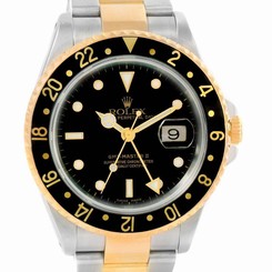 Rolex GMT Master II Mens 18k Yellow Gold Black Dial Watch 16713