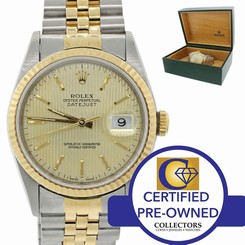 Rolex DateJust 18k Gold Steel Champagne Tapestry 36mm 16233 Watch w/Box