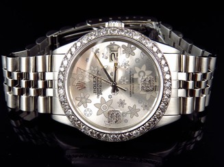 Mens Rolex 36 MM Datejust Oyster Flower Stainless Steel Diamond Watch 3.15 Ct