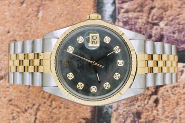Fake AAA Gents Black MOP Diamond Dial Steel & Yellow Gold Rolex Oyster Perpetual Datejust Watch