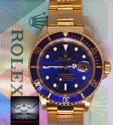 Rolex Submariner 18k Yellow Gold Blue Dial/Bezel Mens Dive Watch +Box 16618