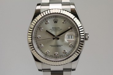 Rolex Datejust II Silver Diamond Dial Fluted 18k White Gold Bezel 116334 Watch