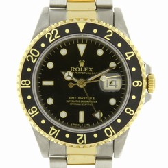 Rolex GMT Master II Batman Yellow Gold 18k SS 16713 Sapphire Quickset Watch