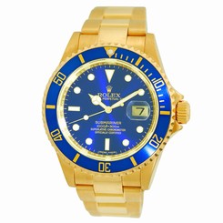 ROLEX 18K Yellow Gold Submariner Date 16618 Blue Z Serial Engraved Warranty 2009