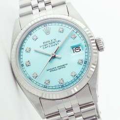 Used Rolex Men's Datejust 1601 Steel Light Blue Diamond Dial/18WG Fluted Bezel