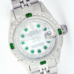 Womens White Rolex Watch Datejust Steel 26mm 6917 String Diamond/Emerald Dial