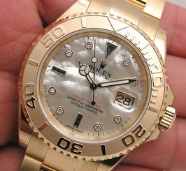 Rolex YACHTMASTER 16628 Mens Yellow Gold Mother Of Pearl Diamond Sapphire Dial