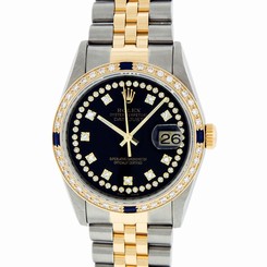 Mens Rolex Datejust Watch SS & 18K Yellow Gold Black String Diamond and Sapphire