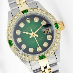 ROLEX LADY DATEJUST OYSTER PERPETUAL SS/18K GOLD GREEN VIGNETTE DIAMOND WATCH 27543000069