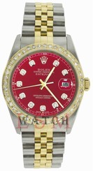 Preowned Rolex Datejust 16013 36mm Steel/18k Yellow Gold Red Dial Diamond Watch
