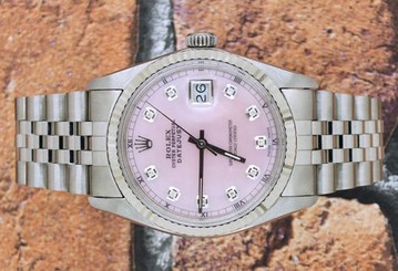 Gents PINK MOP Diamond Dial Steel & 18ct Gold Rolex Oyster Perpetual Datejust.