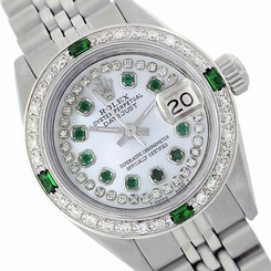 Rolex Steel Datejust 6917 Mother Of Pearl String Diamond/Emerald Vintage Watch