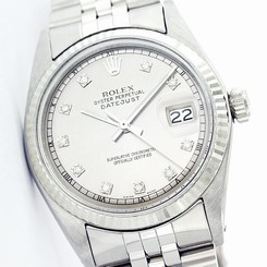 Used Rolex Men's Datejust 16014 Steel Silver Diamond Dial 18WG Fluted Bezel