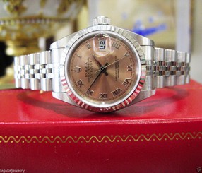LADIES ROLEX OYSTER PERPETUAL DATEJUST 18K WHITE GOLD & STEEL SALMON DIAL WATCH
