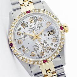 Preowned Rolex Flower Silver Dial Datejust 16013 Watch 36mm Case 2Tone Diamond