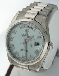 Rolex Day/Date President Platinum, Ice Blue Dial $57,600.00 gent's 36mm watch.