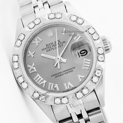6917 Rolex Lady Datejust Steel Grey Roman Dial w/ WG Pyramid Diamond Dial Watch
