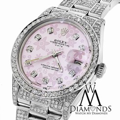Diamond Rolex Date15200 34mm Pink Flower Diamond Dial Diamond Oyster Band