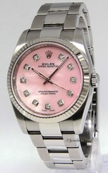 Rolex Oyster Perpetual Steel MOP Pink Diamond Dial 18k Gold Bezel Watch 116034 845960039031