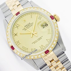Rolex Roman Numeral Dial Datejust Two-Tone 16013 Used Watch Diamond & Ruby Bezel