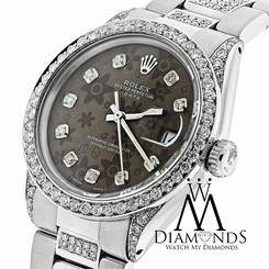 Diamond Rolex 15200 34 mm Stainless Steel Watch Flower Chocolate Diamond Dial