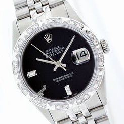 Used Rolex Men's Datejust 16014 Steel Blk Onyx 2 Baguette/Pyramid Diamond Bezel