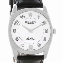 Rolex Cellini Danaos 18k White Gold Black Strap Mens Watch 4233