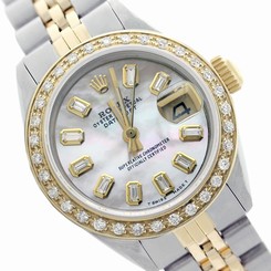 Lady Rolex DJ 2-Tone White MOP Baguette Diamond Dial/Bzl 69173 Swiss Watch 26mm