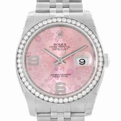 Rolex Datejust Steel White Gold Diamond Pink Floral Dial Watch 116244 Unworn
