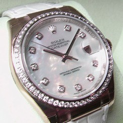 MENS ROLEX DATEJUST 116185 18K ROSE GOLD MOTHER OF PEARL DIAMOND LEATHER STRAP