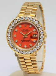 Rolex Vintage Datejust 18k Yellow Gold Orange Diamond Ladies Watch 6517