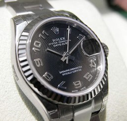 LADIES ROLEX DATEJUST 179174 SS/18K WG BLACK CONCENTRIC ARABIC DIAL 26MM - NEW