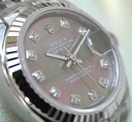 LADIES ROLEX DATEJUST 179174 SS/18K WG BLACK MOP DIAMOND DIAL JUBILEE 26MM - NEW