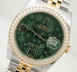 Rolex DATEJUST 116243 Steel & Yellow Gold Green Flower Dial Diamond Bezel 36MM