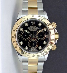 Rolex Daytona Yellow Gold & Steel Black Diamond 116523 Rehaut - WATCH CHEST 845960053839