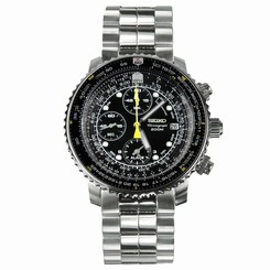Seiko Men's SNA411 Flight Alarm Chronograph Black Dial Stainless Steel Watch